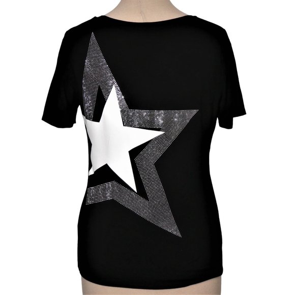 Hilary Radley Black Sequin Star Tee Shirt Size M - Picture 2 of 12